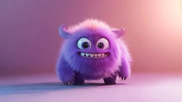 Cute violet or purple furry monster 3D cartoon character