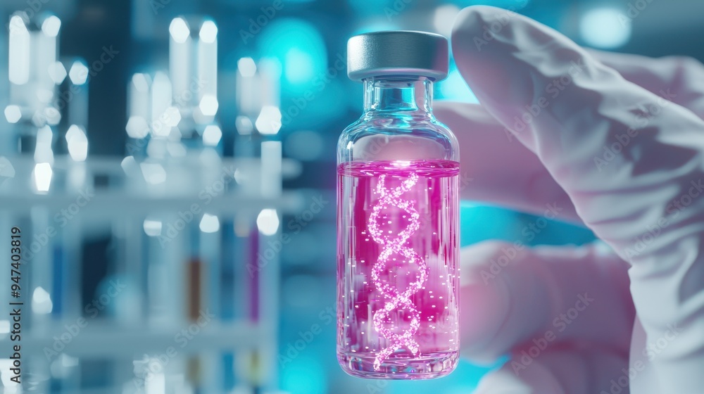 Poster dna in a vial held by a scientist in a lab