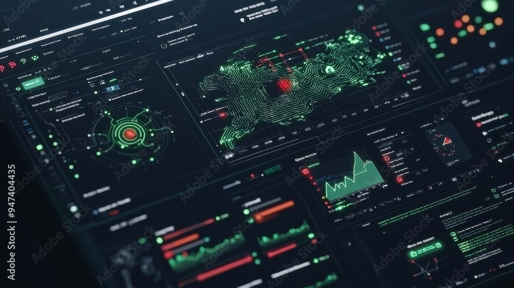 Poster futuristic digital interface with green and red hud elements