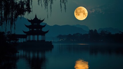 Serene night view featuring a full moon above a tranquil lake and traditional pavilion amidst misty mountains.