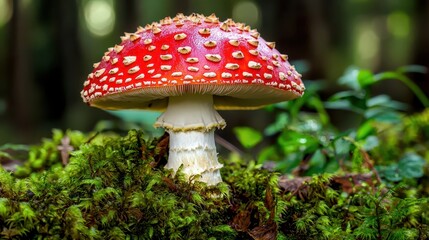 Fototapeta premium Red and White Toadstool Mushroom in Mossy Forest