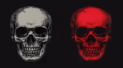 Skull illustration featuring a smiling expression, available in both black and red color schemes. Perfect for t-shirt graphics or Halloween-themed designs. A JPEG version is also accessible.