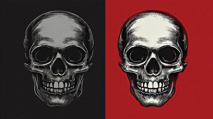 Skull illustration featuring a smiling expression, available in both black and red color schemes. Perfect for t-shirt graphics or Halloween-themed designs. A JPEG version is also accessible.