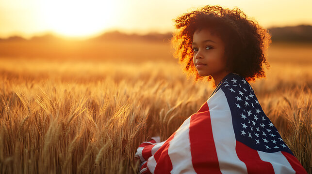 A young African American girl with curly hair is wrapped in an American flag blanket, sitting on the ground of a golden wheat field at sunset. Generative AI illustration 
