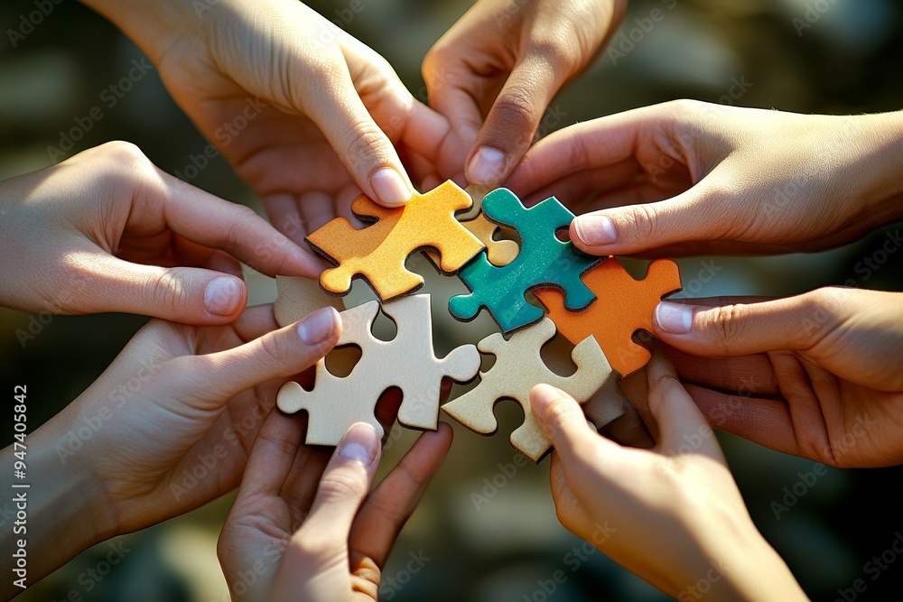Poster a close-up of puzzle pieces being placed together by multiple hands, symbolizing the way each indivi