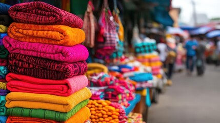 A lively market scene with vendors selling goods in vivid, bright colors, vibrant, market, bright