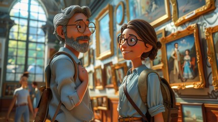 Cartoon 3D tourists enjoying a guided tour in a museum