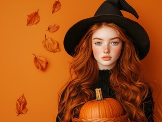 Enchanting Redhead Witch with Pumpkin Basket on Orange Background, Generate Ai