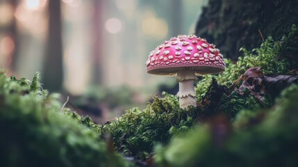 Red and White Toadstool Mushroom in Mossy Forest