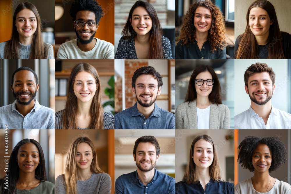 Poster a video call screen filled with smiling faces, capturing the connection and collaboration that keep 