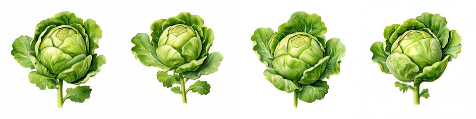 Obraz premium Fresh green cabbages displayed in row, showcasing their vibrant leaves and round shapes. image conveys sense of freshness and vitality. 