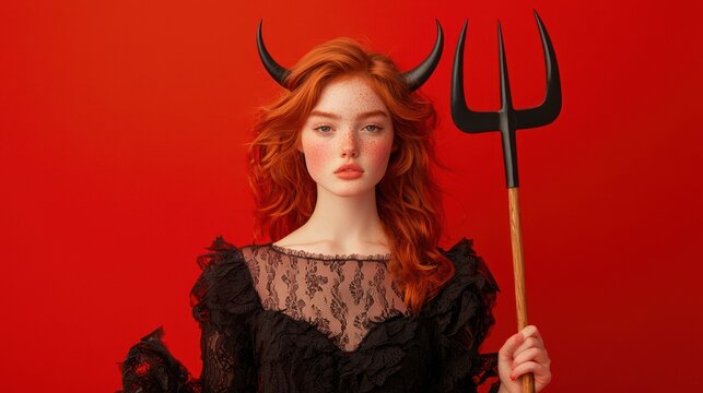 Fiery Redhead Woman in Devil Costume Holding Pitchfork against Vibrant Background, Generate Ai