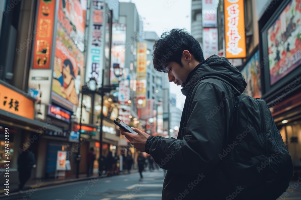 Poster a person using a translation app to read street signs in a foreign country, symbolizing the freedom 