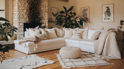 Scandinavian Living Room with White Corner Sofa and Modern Fireplace