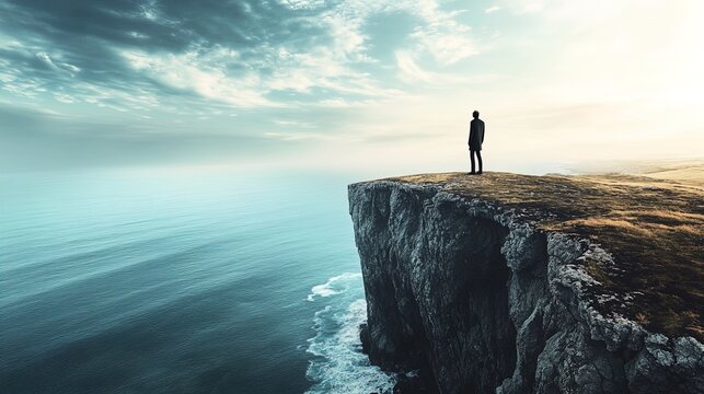 A solitary figure stands at the edge of a high, rugged cliff overlooking a vast, calm ocean. The sky is partly cloudy with a serene quality, casting a soft light that enhances the tranquil yet powerfu