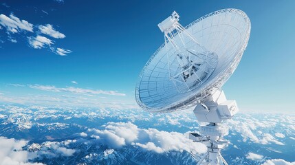 Obraz premium Satellite Dish Over Snowy Mountain Range and Clouds