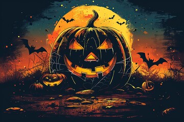 Halloween Pumpkin Night: A spooky, whimsical illustration of a jack-o'-lantern under a full moon, with bats flying overhead, creating a chilling yet captivating scene perfect for your Halloween needs.
