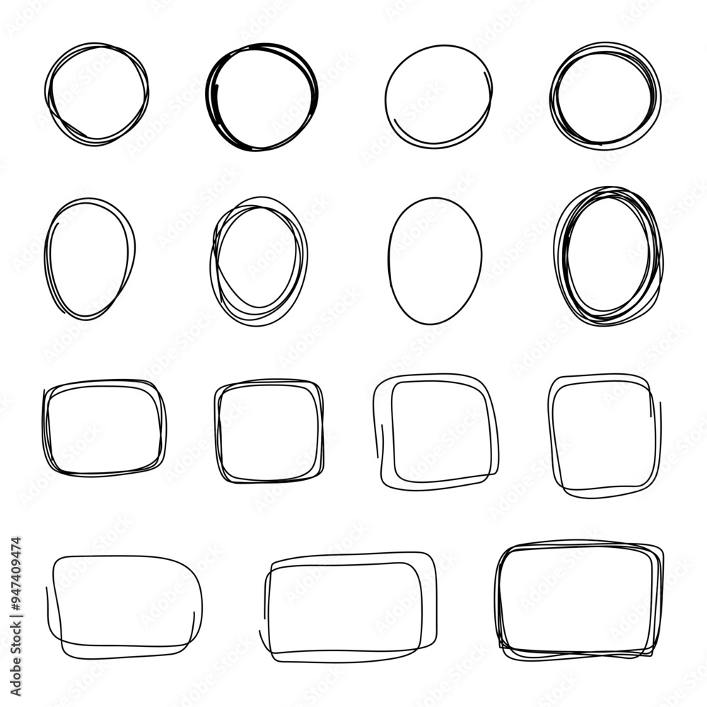 Poster a large set of painted abstract black frames of round, square shape isolated on white. an empty elem