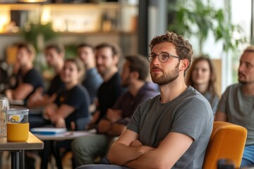 Obraz premium A group of startup founders pitching their business idea to potential investors, with confidence and excitement in their eyes, capturing the crucial moment of securing fu