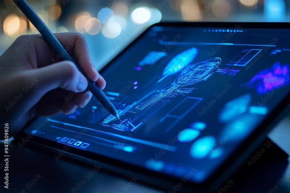 Poster a person using a tablet with a stylus, designing graphics in a creative workspace, capturing the ble