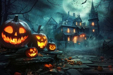 Haunted Halloween Night: Eerie jack-o'-lanterns illuminate a spooky haunted house under a ghostly full moon. 
