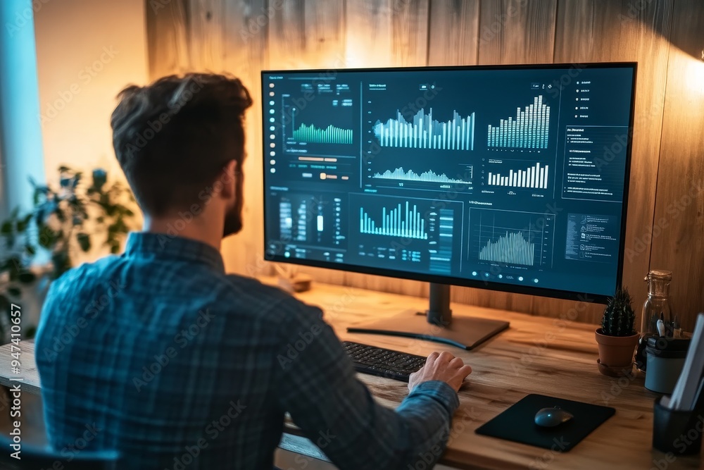 Poster a remote worker leading a virtual presentation from their home office, with charts and graphs visibl