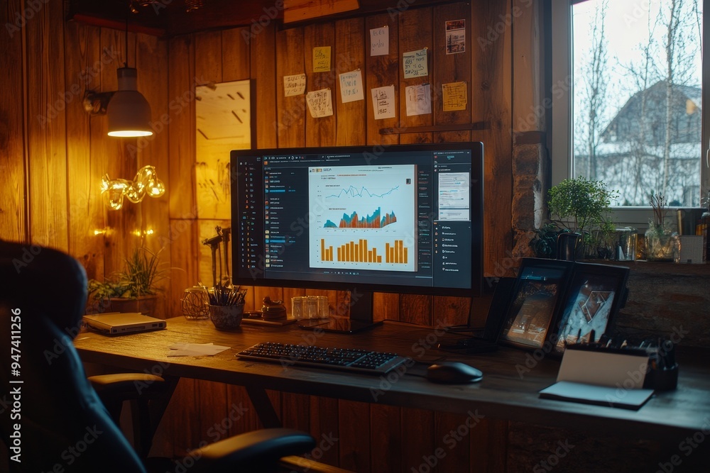 Poster a remote worker leading a virtual presentation from their home office, with charts and graphs visibl