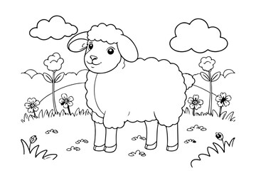 Coloring page of sheep for kids coloring book