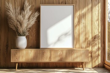 Poster Frame Mockup on Wooden Interior Background created with Generative AI