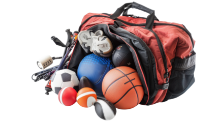 Sports bag with sports equipment isolated on white background