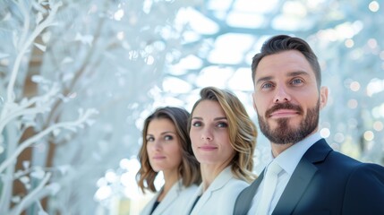 A confident business team standing together in a modern office lobby, symbolizing unity and professionalism. The photo offers generous copy space for highlighting company values or promotional
