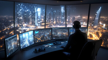 Naklejka premium Urban Drone Command Center: Managing Drone Operations in Bustling Metropolitan Areas