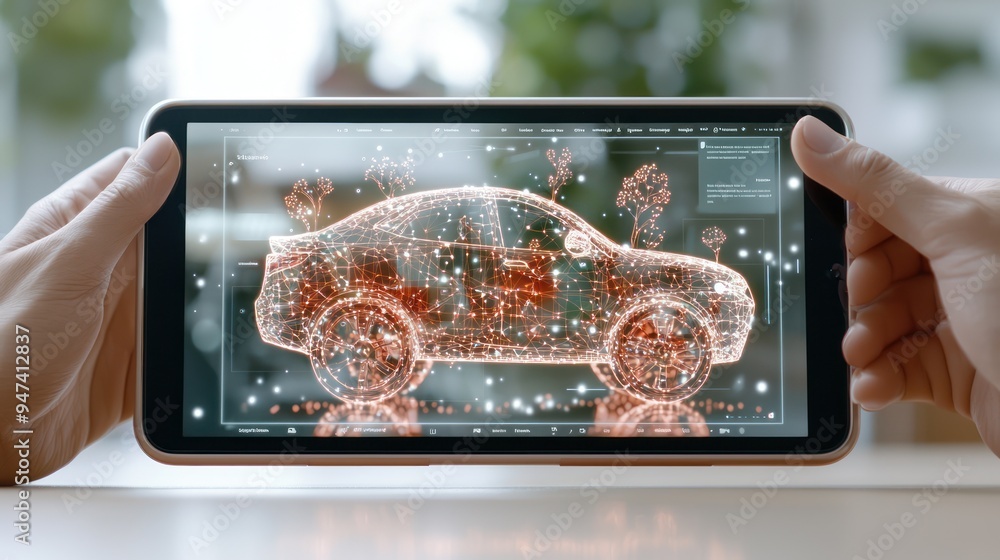 Aufkleber futuristic augmented reality interface on tablet in real-world setting with ultra sharp 32k detail, 