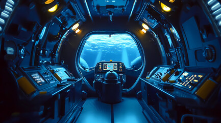 Fototapeta premium Oceanic Explorer Submarine: Piloting Deep-Sea Dives into Oceanic Mysteries