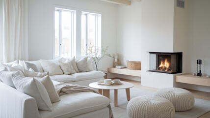 Scandinavian Living Room with White Corner Sofa and Modern Fireplace