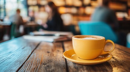 Fototapeta premium Coffee cup on a wooden table at a cafe