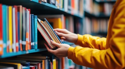 Person Selecting Books From a Library Shelf