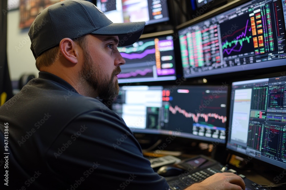 Poster a trader intensely focused on multiple screens filled with stock market data, charts, and financial 