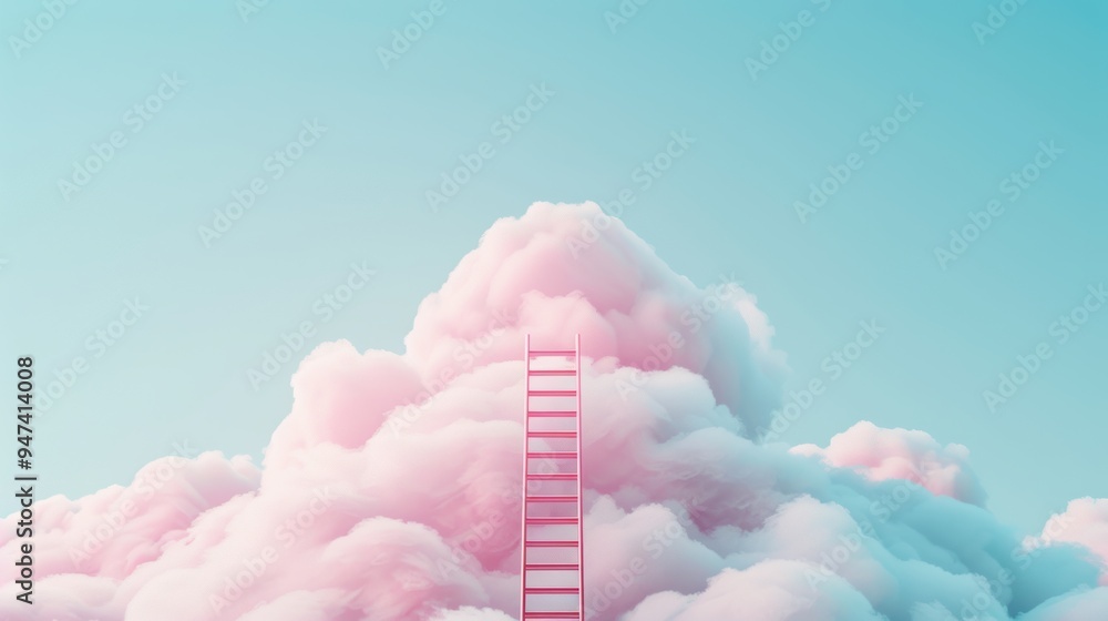 Poster a conceptual image representing business growth and development, with a ladder extending upwards thr