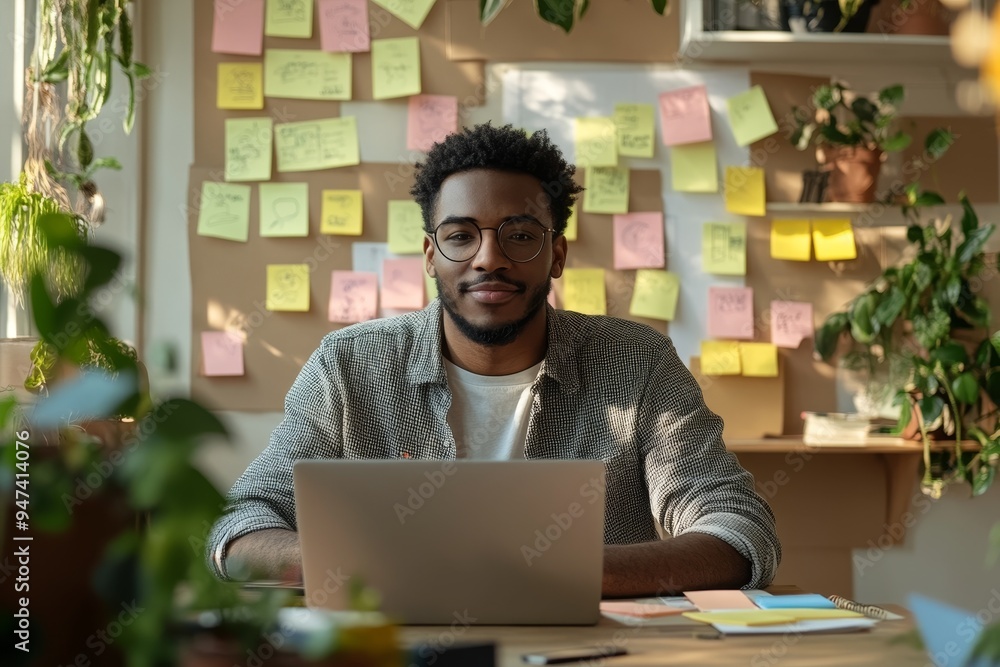 Poster a remote worker engaged in a creative brainstorming session, with sticky notes, sketches, and a lapt