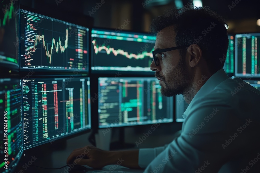 Poster a trader intensely focused on multiple screens filled with stock market data, charts, and financial 