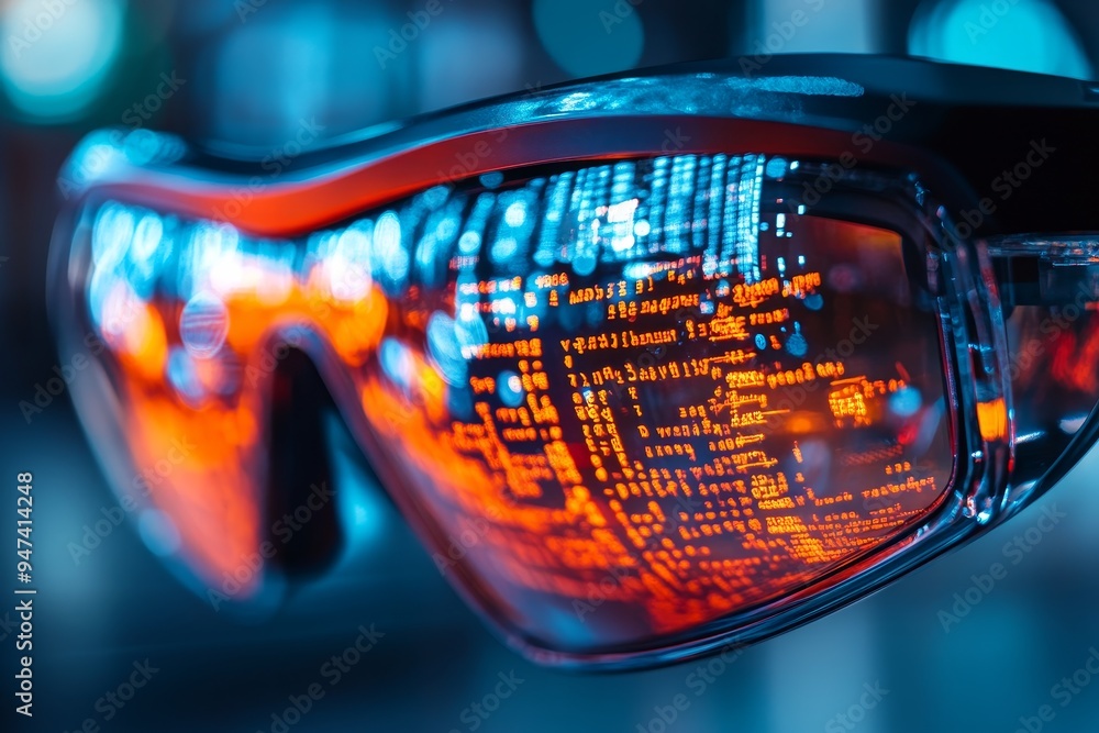 Poster a close-up of augmented reality glasses translating foreign text in real-time, symbolizing the cutti