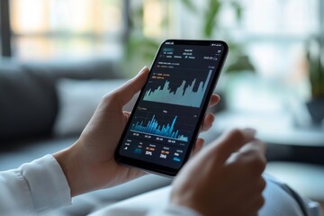 A person comfortably managing their investments through an online banking app, with financial graphs and charts visible on the screen, capturing the control and insight o