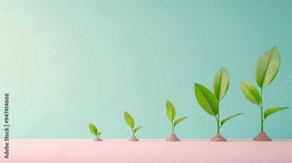 Poster an abstract representation of growth in business, with a series of steps from seedling to mature pla