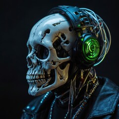 A futuristic robot skeleton with a skull, blending, cyber punk skull