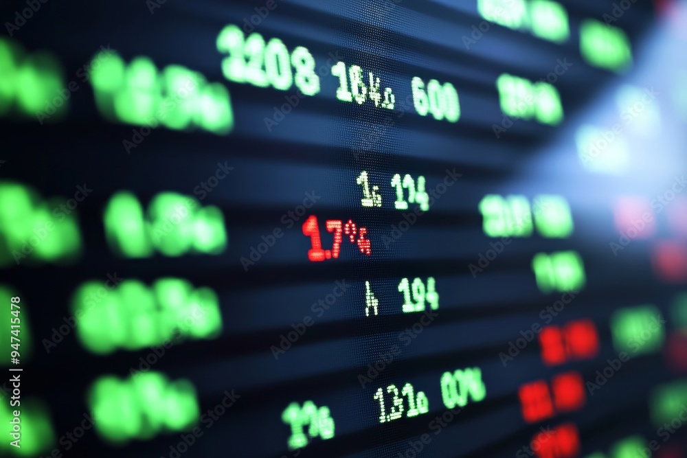 Poster a computer screen showing a detailed stock portfolio, with green and red indicators tracking daily g