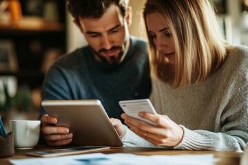 A couple using an online banking app on a tablet to plan their budget and track expenses, symbolizing the collaborative and accessible nature of digital financial tools