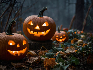 A jack-o-lantern flickering in the corner, surrounded by pumpkins, with a blurry background of misty, twilight colors.