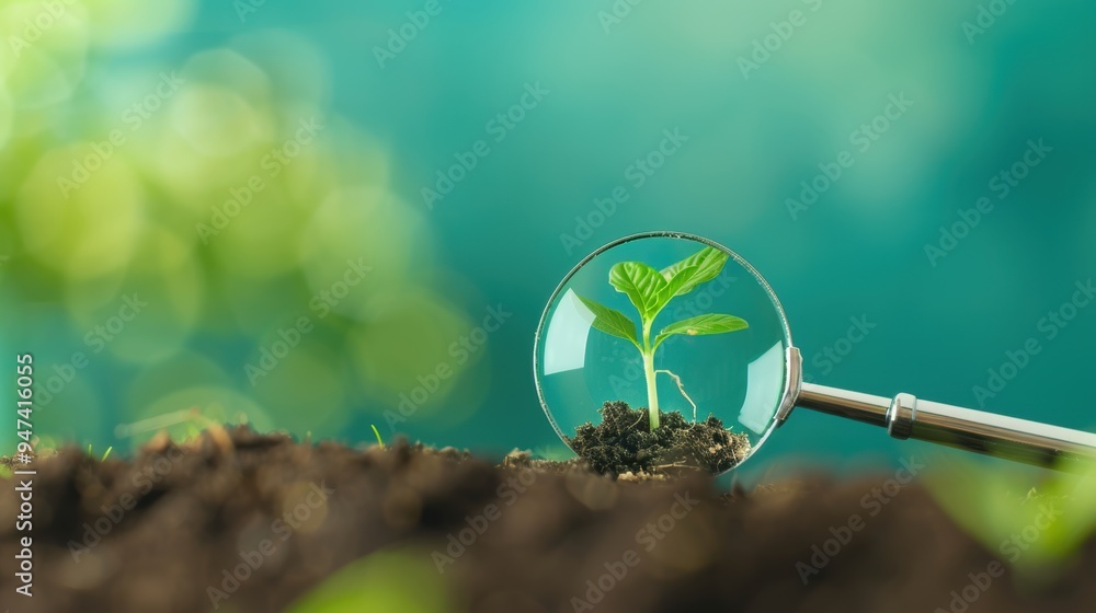 Poster a conceptual image illustrating business growth and success, with a magnifying glass enlarging a sma