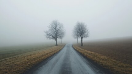 A rural road disappearing into the fog, with silhouettes of trees and distant fields barely visible.